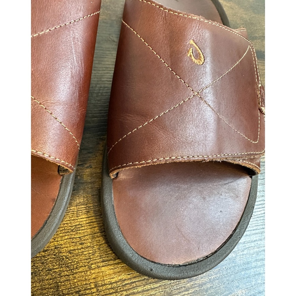 OluKai Ohana Leather Slide Mens 14 Brown Dark Wood Sandals 10137-4848 EUR 47 - Picture 4 of 14